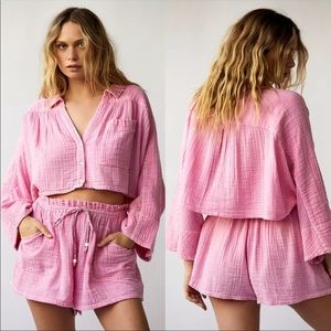Free People Pink Cropped Gauze Button-Up Top